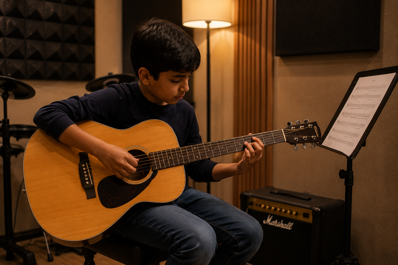 Kid learning guitar at Symphony School